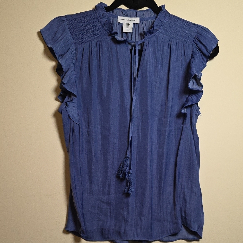 Cupcakes & Cashmere Blue Flutter Sleeve Blouse with Tie Front